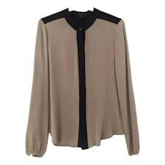 THEORY | M | Top Blouse Shirt Pure 100% Silk Tan Black Button Up Down Women - Picture 1 of 6
